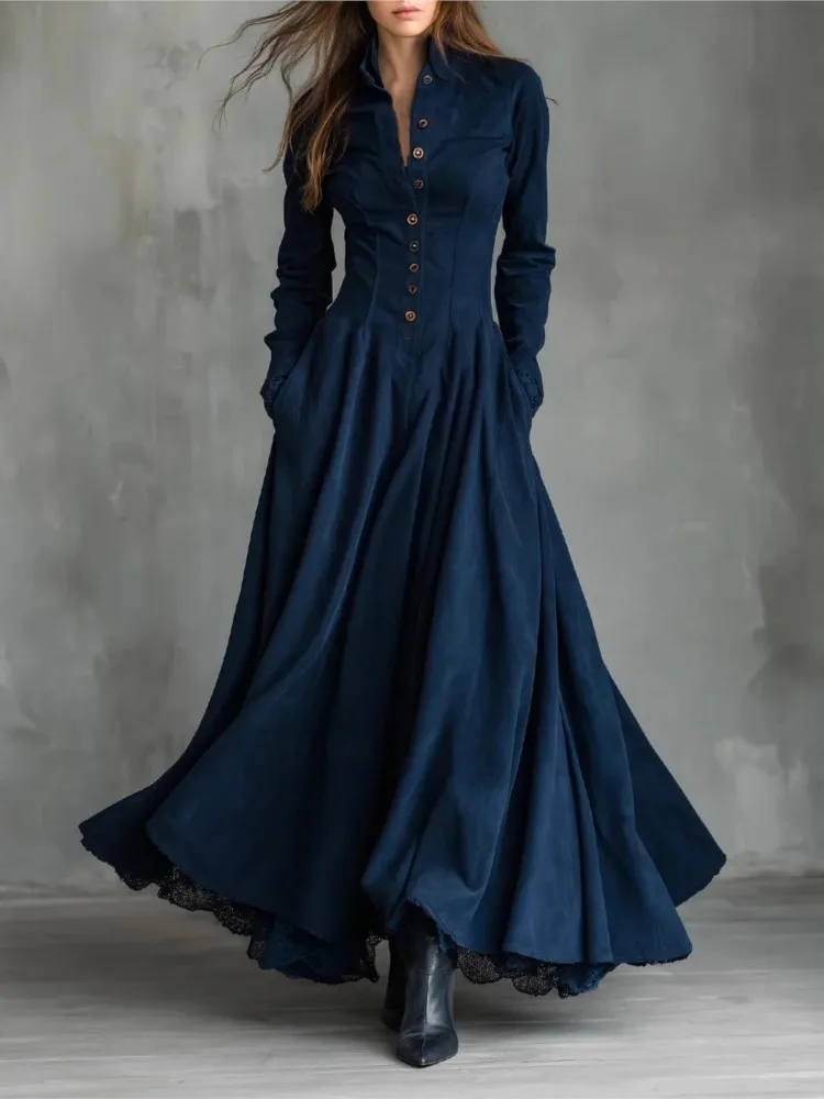 Women Suede Dress Autumn Fashion New Lapel Collar Long Sleeve Button Lace Hem Side Pockets Solid Dress Casual Vintage Outfit