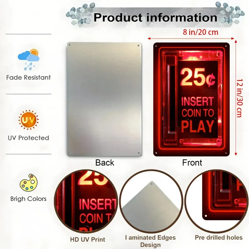 مسطح ثنائي الأبعاد، قطعة واحدة من علامة معدنية لألعاب الأركيد الرجعية بتصميم فتحة إدخال العملات المعدنية مع زر إدخال العملة للعب