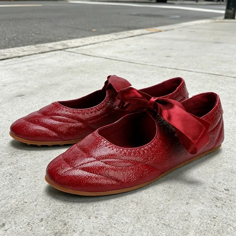 Elegant Red Bow Detail Ballet Flats Women Fashion Stitched Design Round Toe Mary Jane Shoes Light Comfortable Women Shoes