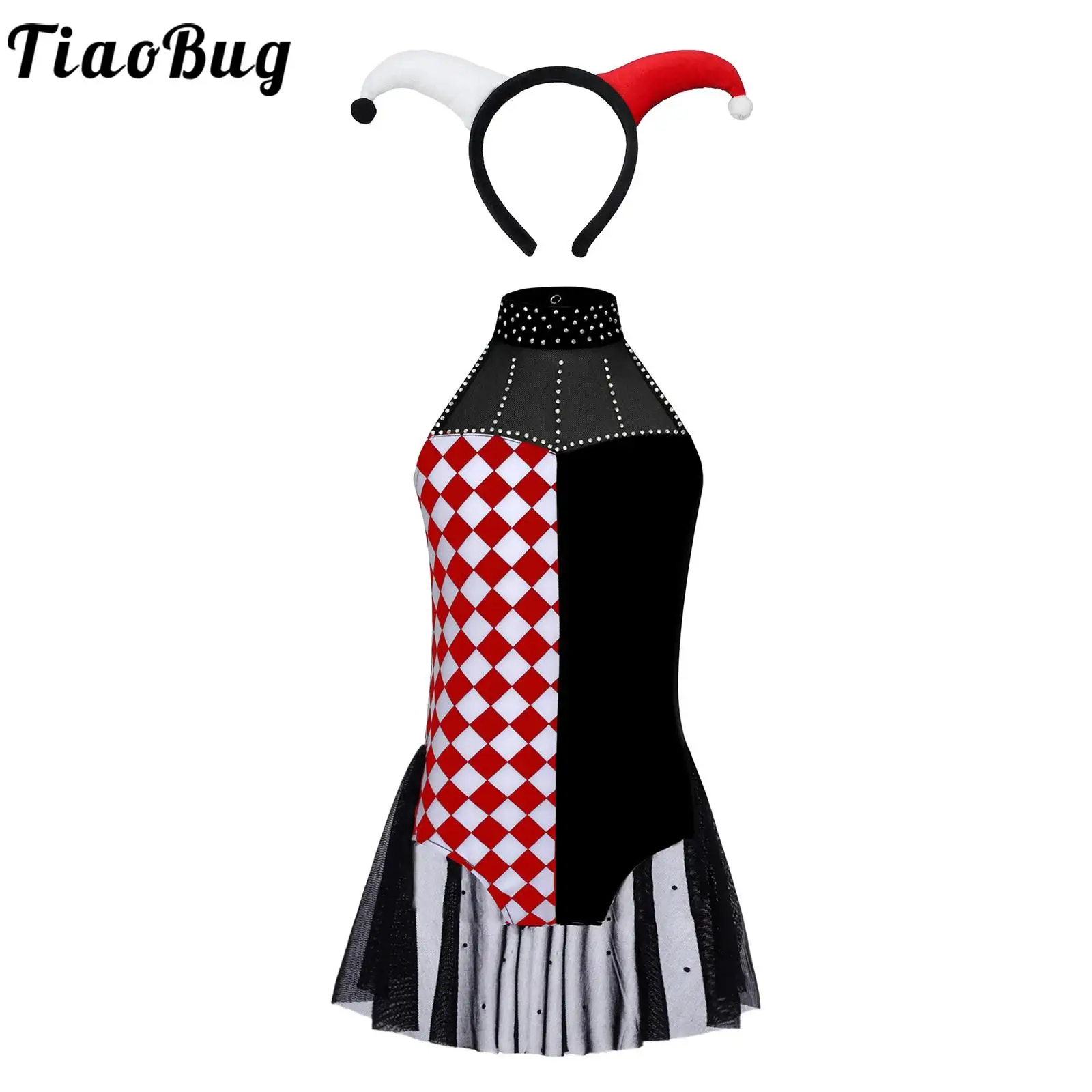 

Halloween Clown Costume Dress Up for Girls Color Block Leotards and Clown Headwear Sleeveless Backless Mesh Overlay Jumpsuit