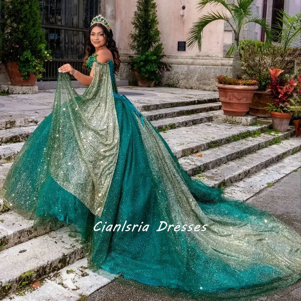 Emerald Green Ribbons Off The Shoulder Quinceanera Dress Gold Crystal Pearls Beading Ball Gown Vestidos De XV Años Sweet 15