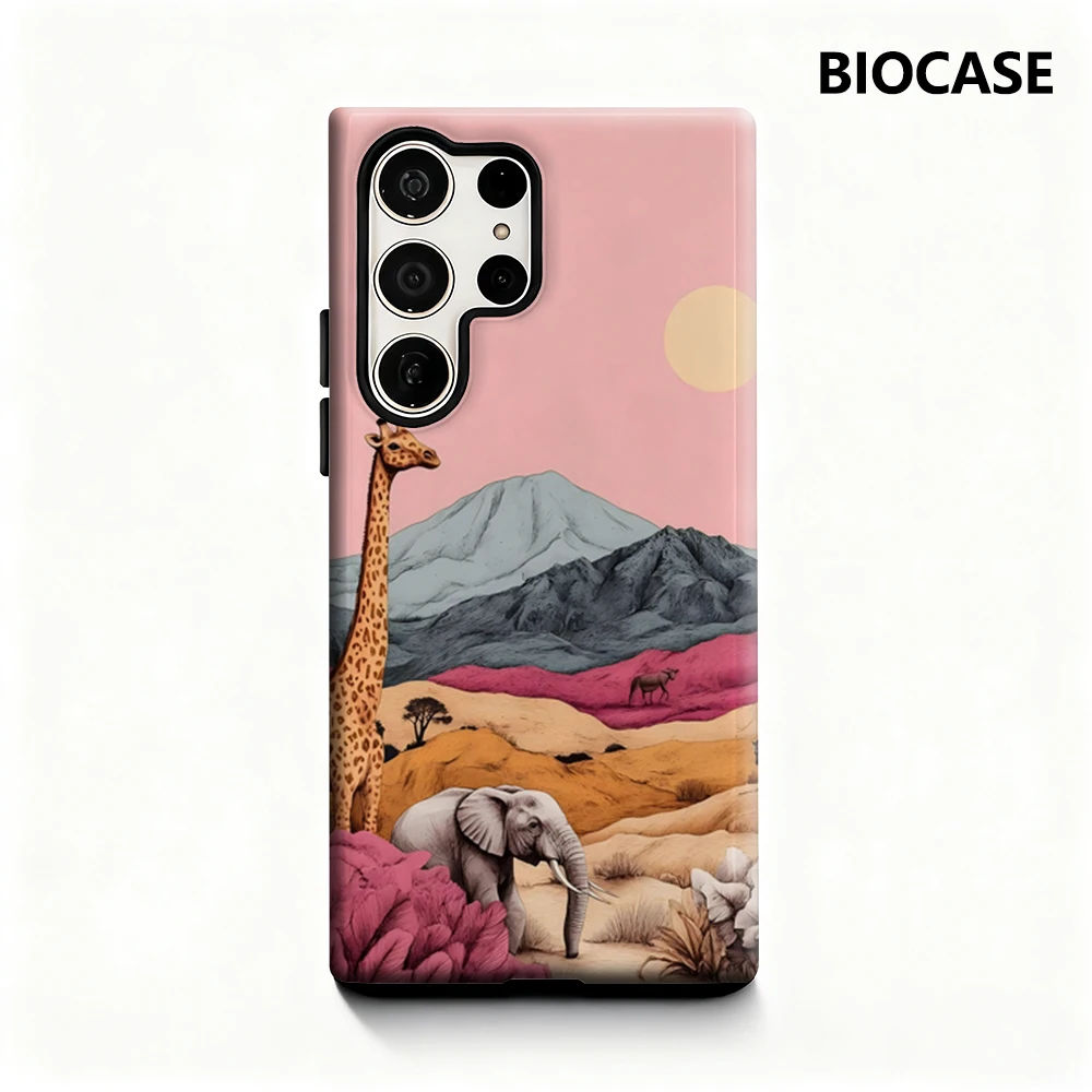 Pastellfarbene Safari-Szene Handyhülle für Samsung Galaxy S25 Ultra S24 S23 Ultra Plus, glänzende doppellagige Rückseite