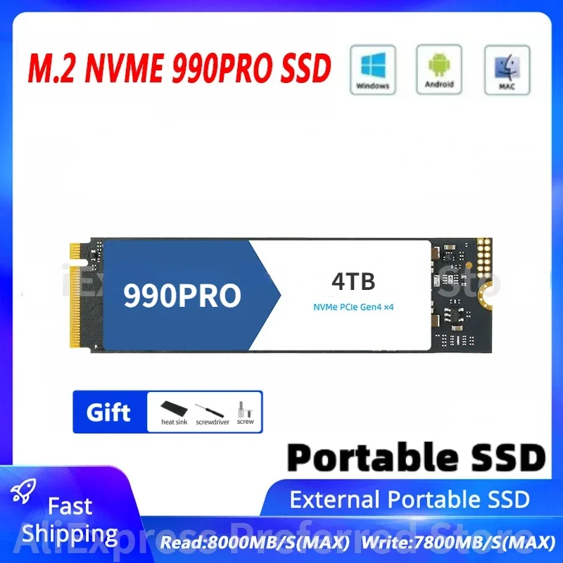 Blue 990Pro with Heatsink NVMe M.2 SSD 1TB 2TB 4TB 8TB Internal Solid State Disk Hard Drive PCIe 4.0 SSD for Laptop Desktop PS5