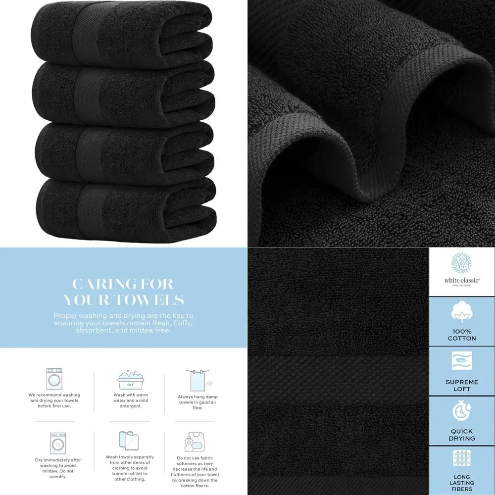 

Набор очень больших черных банных полотенец из 100% хлопка - 700 GSM, 2-слойные, впитывающие, быстросохнущие, 27x54 дюйма