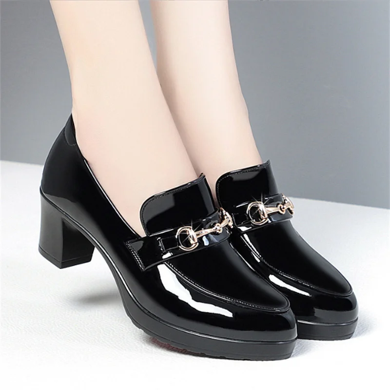 Women High Heels Platform Pumps Spring Autumn New Fashion Metal Buckle Black Office Shoes Woman Soft Leather Shoes Femme