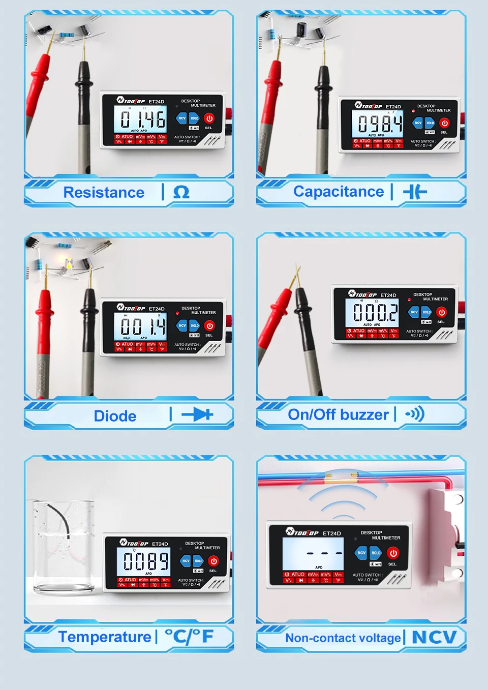 TOOLTOP ET24D 6000 Counts Digitalmultimeter Smart Desktop Multimeter Auto Range Wiederaufladbarer Akku für PCB-Schaltkreistests – Detail 15