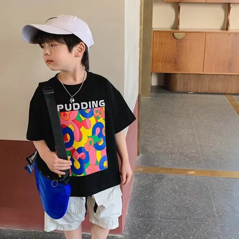 Children's Round Neck New Temperament Summer T-shirt Five-point Sleeve Simple Trend All-match Korean Style Children's Clothing