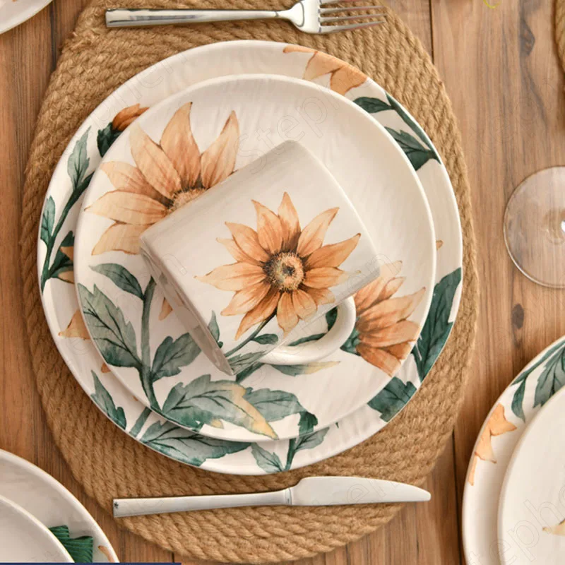 Underglaze Sunflower Paint Ceramic Plate European Modern Tableware Western Steak Pasta Dinner Plate Creative Household Tableware