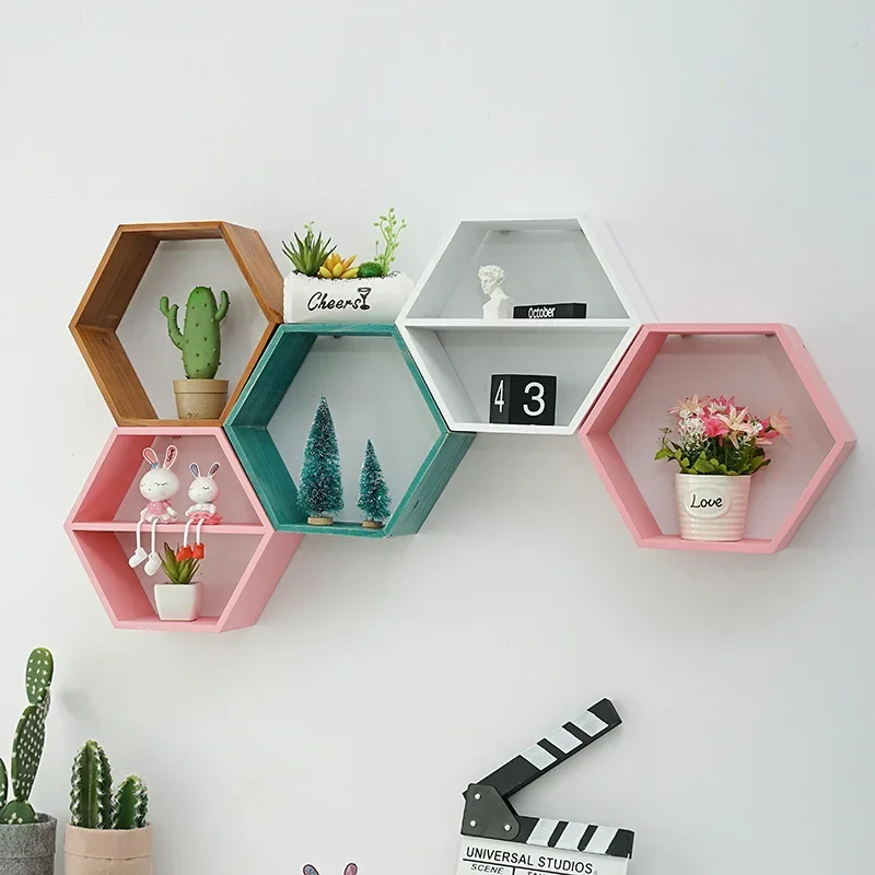 Nordic Style Wooden Decor Wall Mount Hexagonal Frame Books Toys Flower Pot Storage Shelf Holder Figurines Display Crafts Shelves