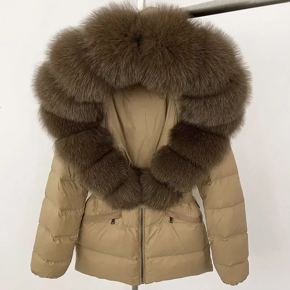 

Winter 2024 Puffer Jacket Large Real Fox Fur Coat Belt Elegant Warm 90% White Duck Down Jacket Female V-neck Natural Fur Jacket