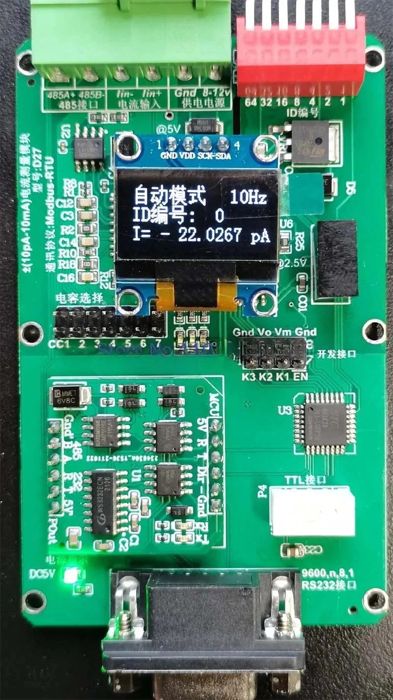 D27 Current Development Board; 10pA-10mA Picoammeter; Automatic Shifting; 485232 Programmable Analog Output