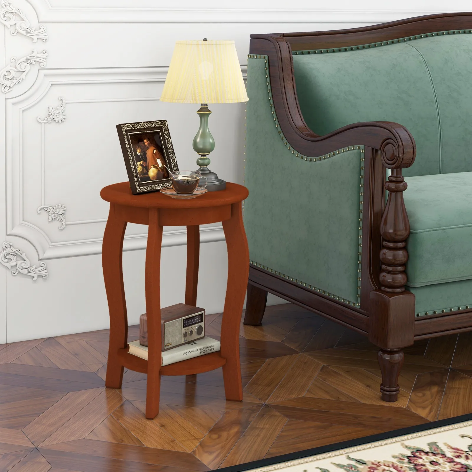 

Узкая прикроватная тумбочка для дивана, круглый столик с 2 ярусами, полкой для хранения и деревянными ножками