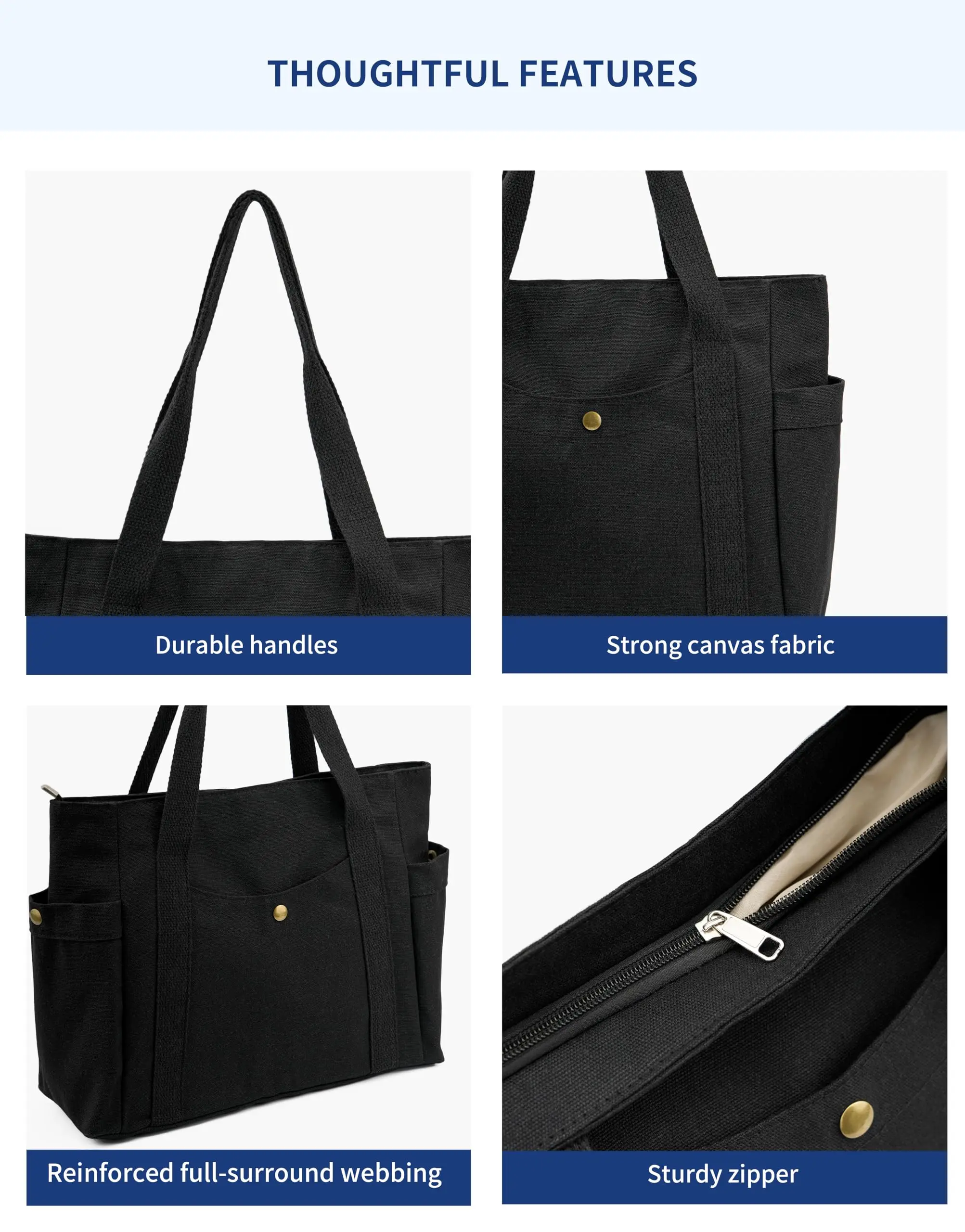 Women Canvas Tote Bag with Zipper Multiple Pockets for Daily Essentials Travel Work Large Capacity Shoulder Bag image 6