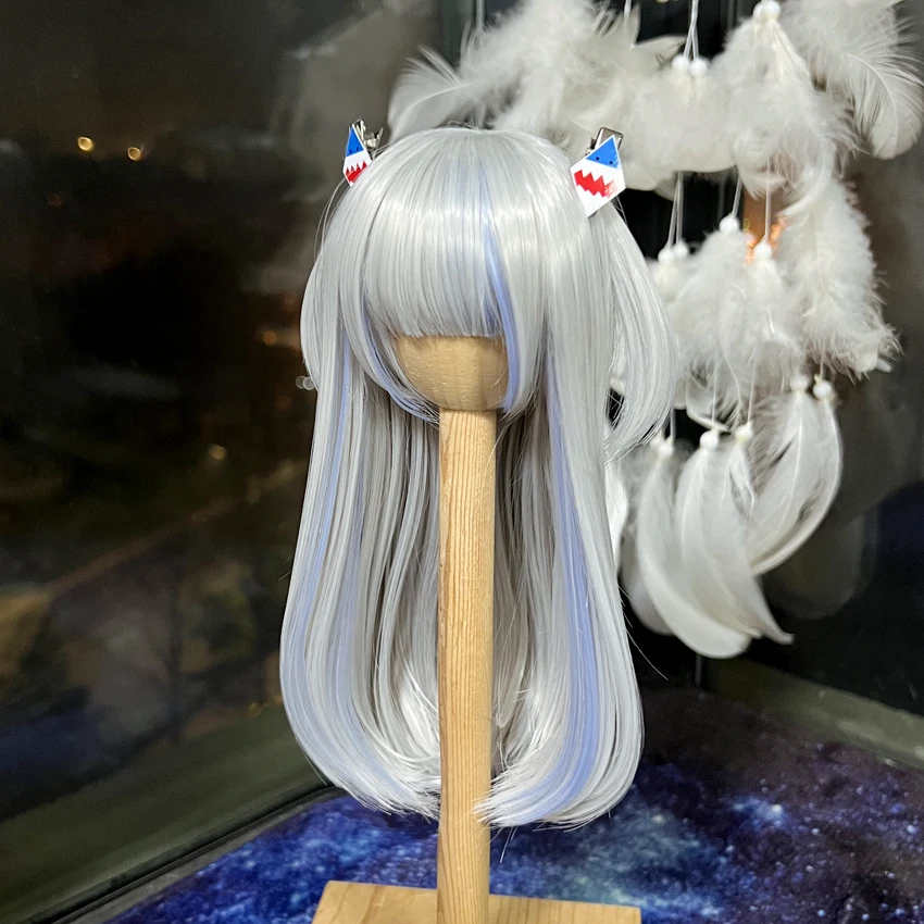 BJD Doll Use VTuber Gawr Gura Hard Glue Silver Gray Blue Wig Cosplay 1/3 1/4 BJD Wig Hair Shark Handmade Hairstyle Anime Gift C