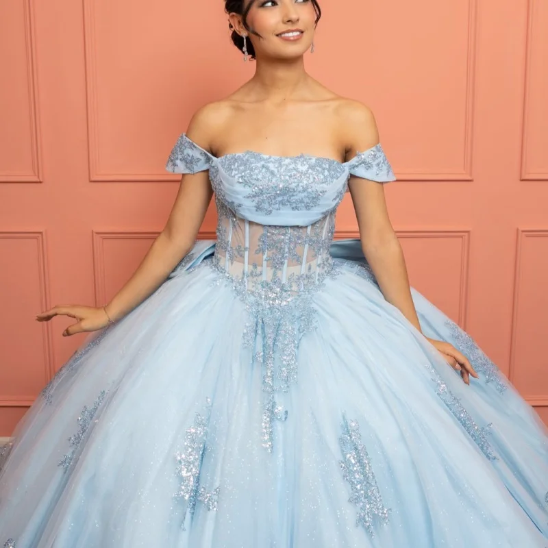 

Simple Light Blue Quinceanera Dress off-shoulder Glitter Decal Long tail Bow vestidos de 15 Quinceanera ﻿Customize