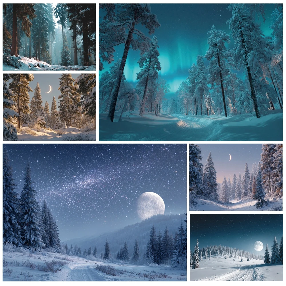 MOON.QG Nighttime Winter Forests Photo Background Aurora Golden Dusk Backdrops For Photography Family Decoration Portrait Studio