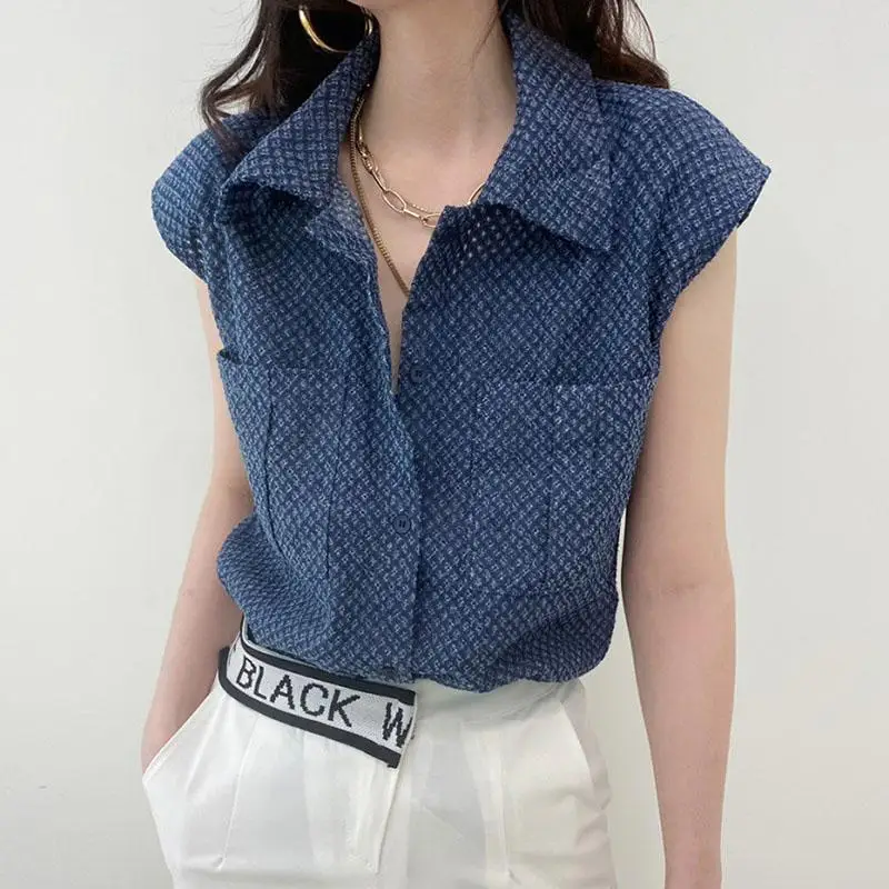 Vintage Denim Jacquard Weave Shirt Summer Casual Loose Female Clothing Streetwear Single-breasted Pockets Stylish Korean Blouse