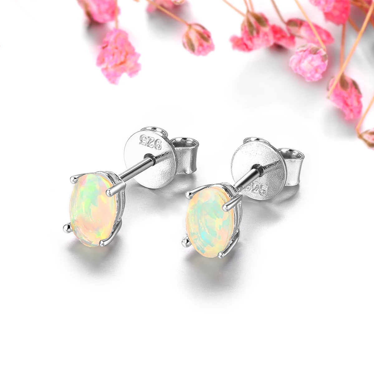Natural Opal Colorful Gemstone Solid Sterling Silver S925 Stud Earring Faced Cutting Classic Design Women Christmas Gifts