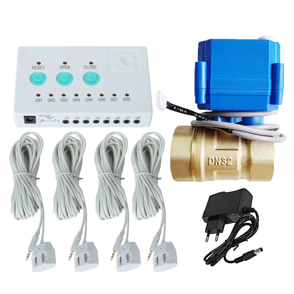 DN32 (1-1/4 inch) Valve System Water Leakage Detector with 4pc 6 Meter High Sensitive Water Leak Sensor for Overflow Detection