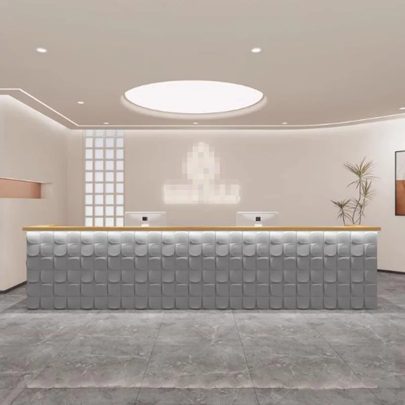 ترحيب مكاتب الاستقبال في الفندق تصميم الشركة مكاتب الاستقبال درج الزاوية أضواء LED الأثاث الأبيض Comptoy Accueil العصرية #5