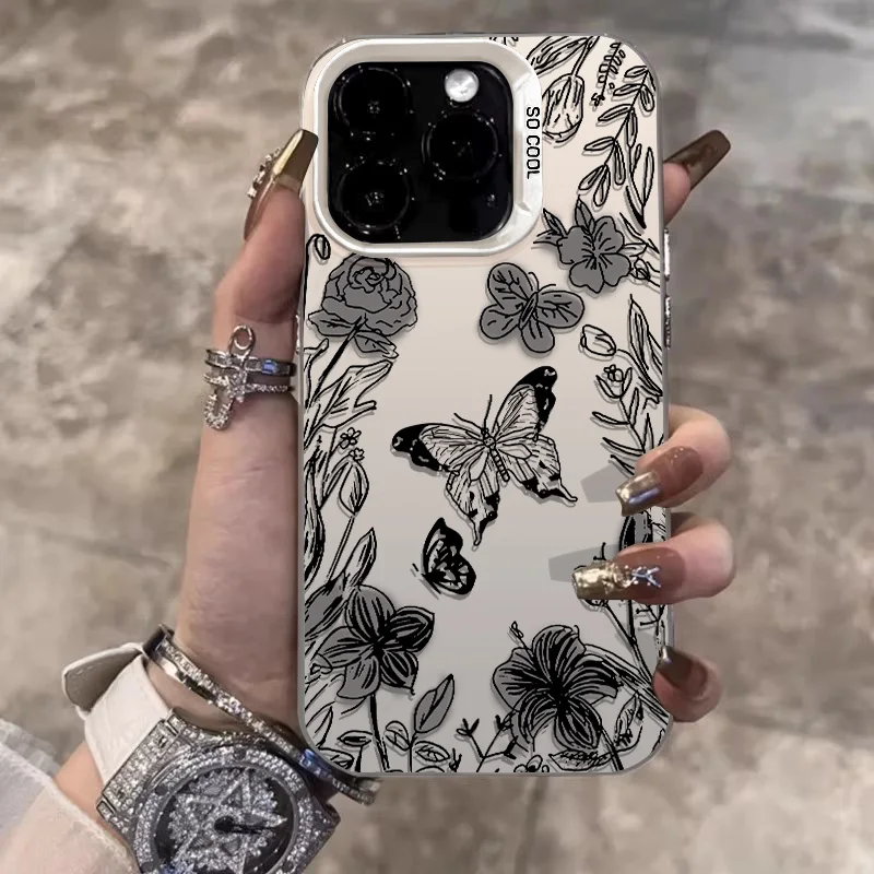 Sketch Flower Butterfly Phone Case for iPhone 11 15 ProMax 12 13 14 Pro X 7/8 Plus XR XSMax Laser Plated Shockproof Bumper Cover