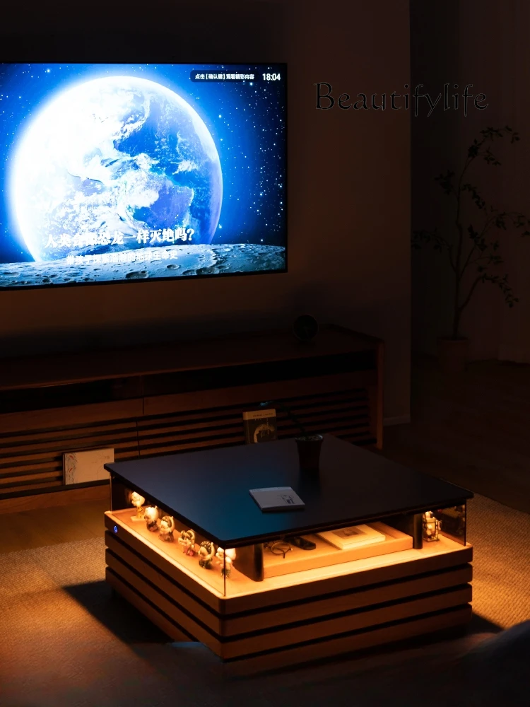 

Solid Wood Lighting Atmosphere Cherrywood Black Square Small Apartment Simple Stone Plate Coffee Table