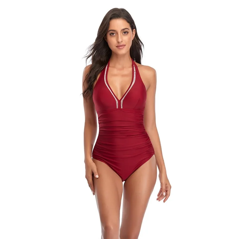 Solid Color One-piece Swimsuit V-neck Lace-up Bikini Women's Hollow Conservative Swimsuit One-piece Conservative Beachwear