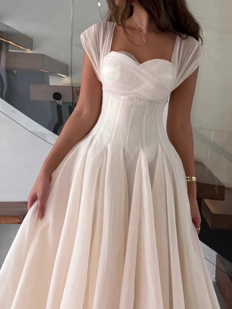 

Sexy Tube Tops Solid Fishbone Nipped Waist Dress Temperament Elegant Big Hem Dress Fashion Mesh Hollow Out Pleated Evening Dress