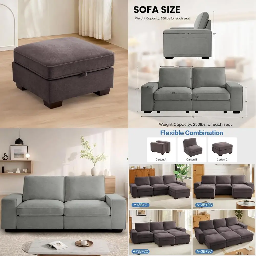 Storage Ottoman Square Footrest with Padded Seat, Chenille Fabric Step Stool for Sofa, Bedroom, Living Room, Comfortable and Ver