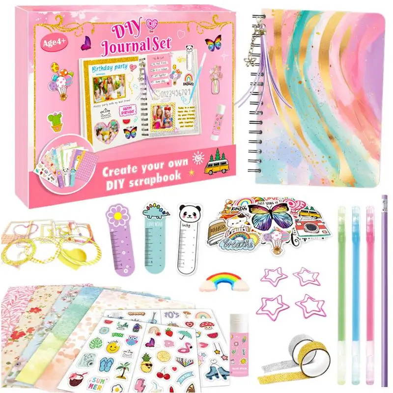 Ensemble de fournitures de scrapbooking portable pour filles, artisanat d'art, papeterie mignonne, autocollants pour petites filles, journal intime