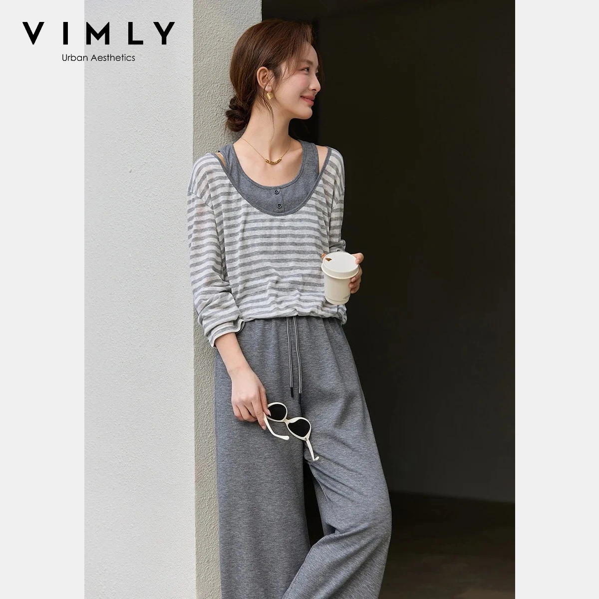 Conjuntos Casuales VIMLY para Mujer, Primavera 2026, Nuevo Top Gris a Rayas con Efecto de Dos Piezas, Pantalón de Pierna Ancha de Cintura Alta, Conjunto de 2 Piezas 30781