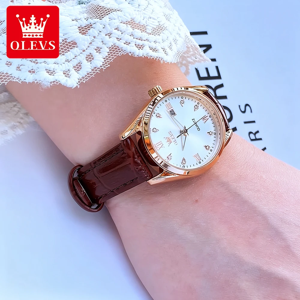 OLEVS Casual Luxury Women's Watches Comfortable Leather Strap Rose White Original Quartz Wristwatch for Lady Waterproof Luminous
