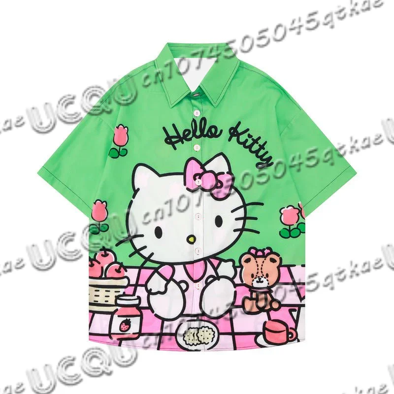 

New Summer Hello kitty Hawaii Shirts Short Sleeve Men's Casual Lapel Collar Women's Button Shirts Tops