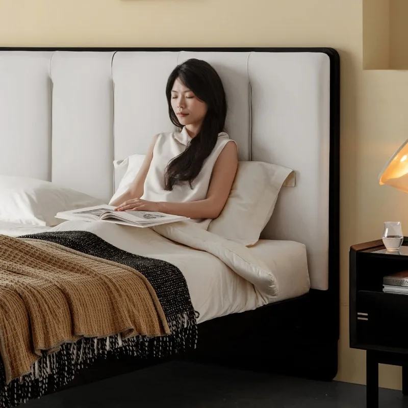 Furniture Ink White Soft Bag Bed Leather Bed, Modern Minimalist Master Bedroom Bed Solid Wood Double Bed