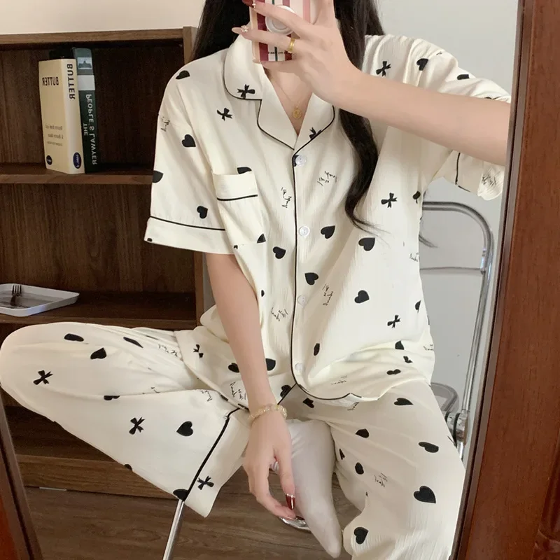summer-new-arrivals-lightweight-girls'-instagram-style-pajamas-short-sleeve-top-long-pants-fashionable-homewear-set