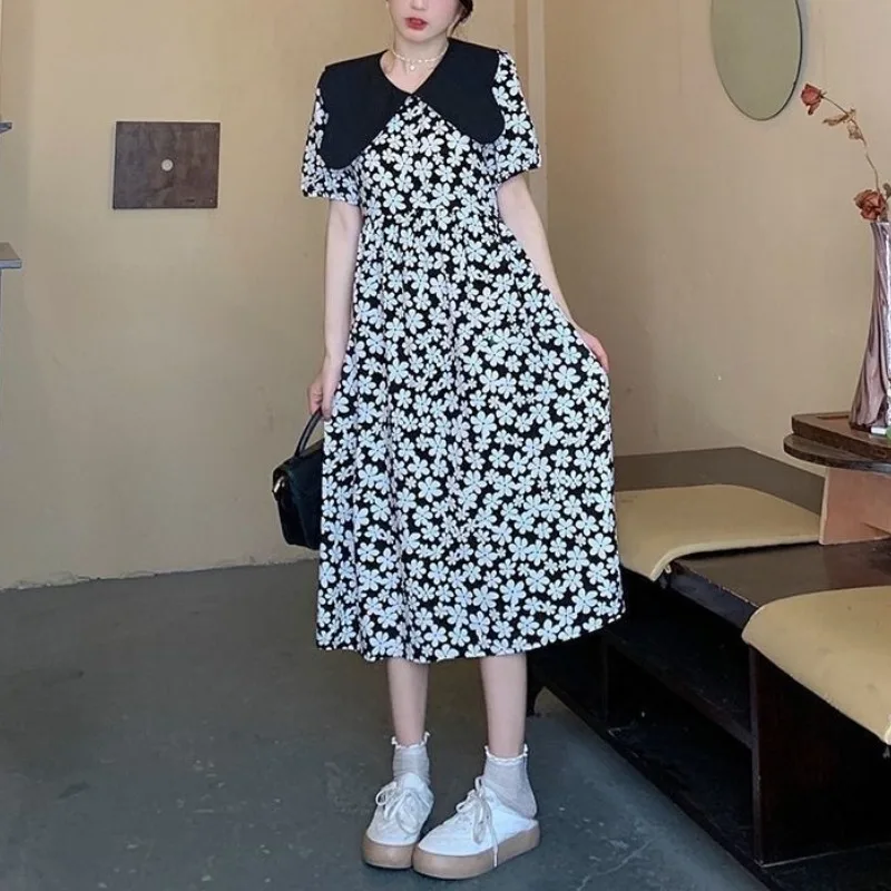 

Retro French Hepburn Style Pullover Doll Neck Summer 2024 New Patchwork Zipper Print Waist Slimming Fashion Short Sleeved Dress