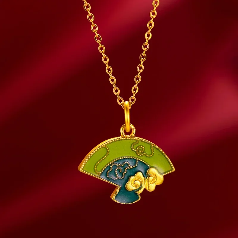 

9999 Real Gold 24K Antique Accessories Burnt Blue Folding Fan Pendant Women's Painted Oil Small Fan Necklace Pendant Accessories