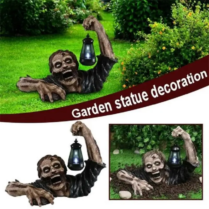 1/2PC Halloween Ornaments Zombie Statue With Solar Led Lantern Hideous Resin Zombie Garden Gnomes Statue Garden Yard Lawn Decor