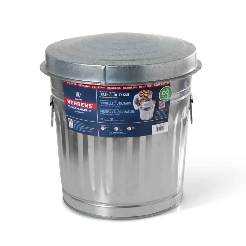 

10-Gallon Galvanized Steel Trash Can, Heavy Duty & Weather Resistant for Outdoor Use