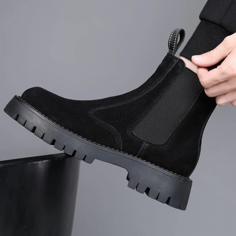 men fashion stage nightclub high chelsea boots slip-on cow suede leather shoes cowboy platform boot handsome long chunky botas