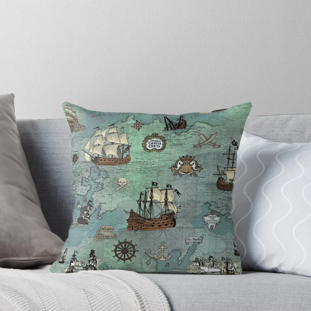 

Pirate Map Nautical Sea Print Ocean Blue & Sea Glass Green Throw Pillow Decorative Cushion Decorative pillowcase pillow