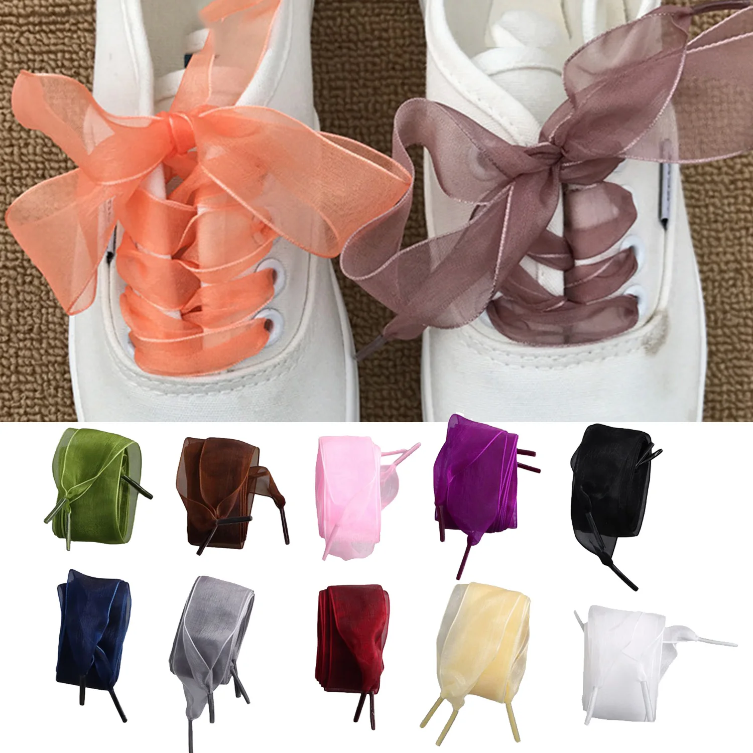 2.5cm Wide Transparent Chiffon Yarn Shoelaces Flat Silk Big Bow Wide Laces For Sneakers Trend Shoestrings Casual Shoes Laces