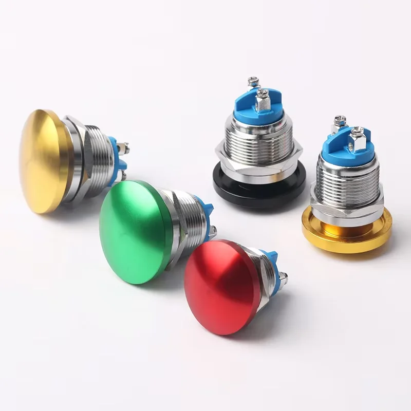Saklar Tombol Logam Kepala Jamur Warna-warni Tahan Air, Saklar Daya Momentary Otomatis Reset 16mm/19mm/22mm