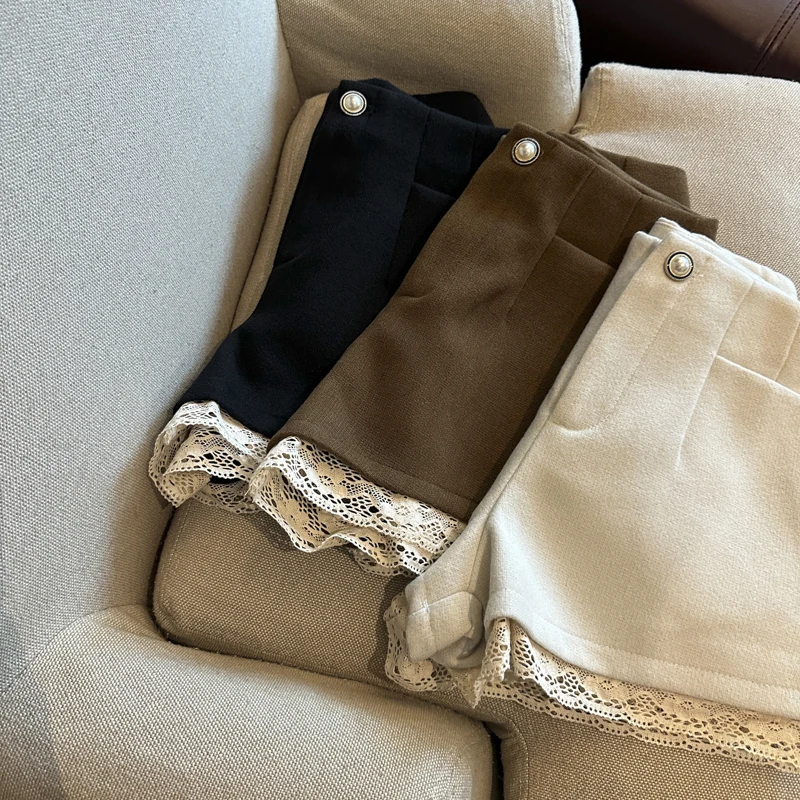 النساء الحلو الدانتيل السراويل الخريف الشتاء عالية الخصر شيك زر عارضة السراويل الإناث المرقعة الصلبة بسيطة مكتب سيدة ضئيلة السراويل