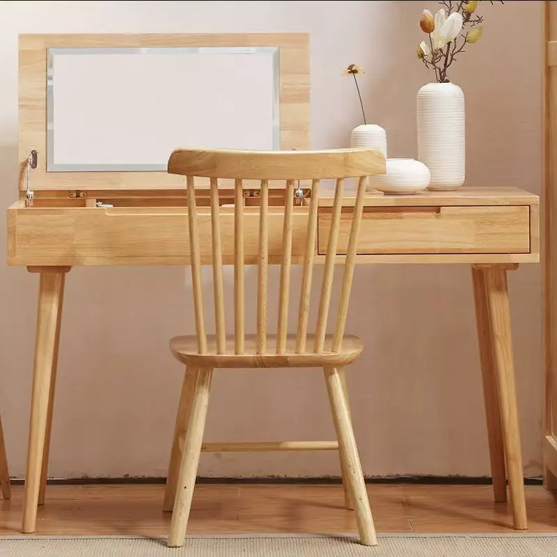 Nordic Flip-Top Solid Oak Wood Eco-Friendly Dressing Table Modern Minimalist Lighted Folding Storage Bedroom Vanity Apartment