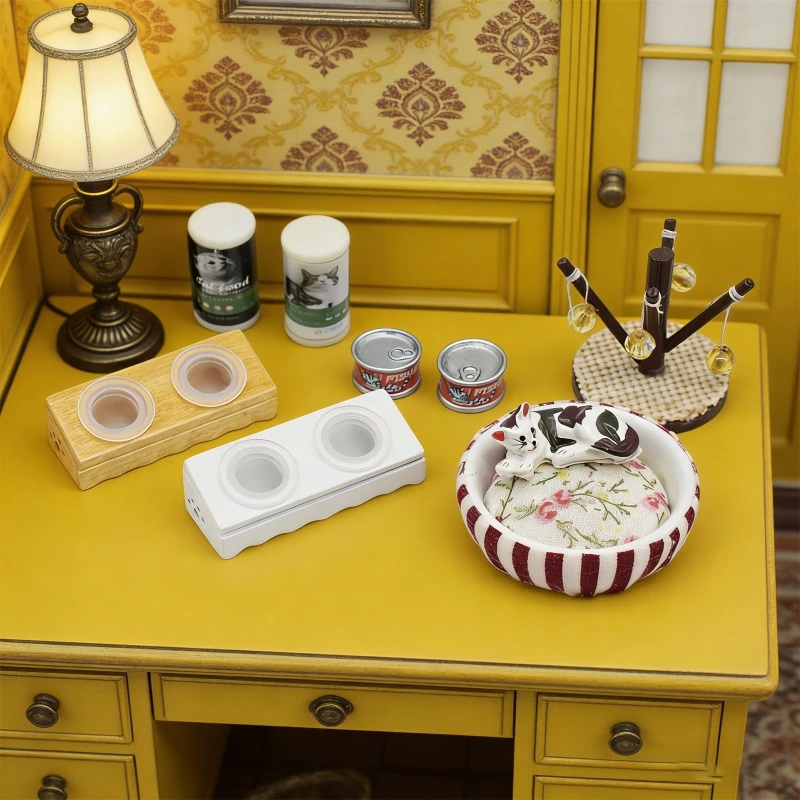 

1/12 Doll House Miniature Cats Bed Set with Feeder Bowls for Enhanced Realistic Toy Collection Kids Pretend Play Activity 15UB