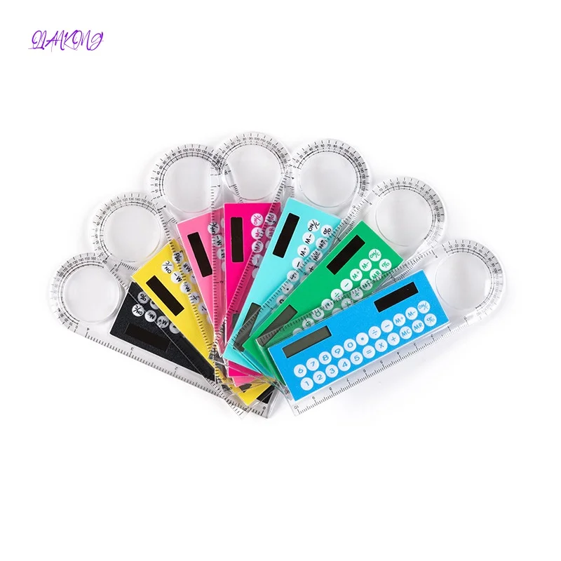 Nueva calculadora de regla Kawaii de 13cm X 4,4 cm, Mini calculadora de regla transparente Solar de 6 colores con lupa, útiles escolares para estudiantes