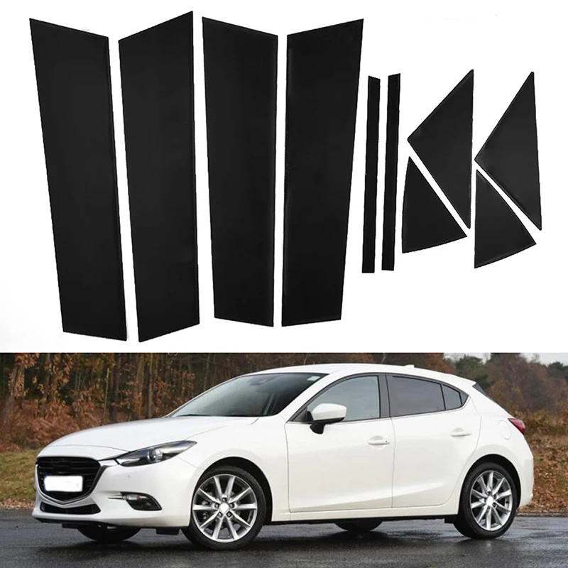 10pcs Set Glossy Black Pillar Posts Window  Door Side Trim Cover Sticker Decal Fit For Mazda 3 Axela 2014-2018