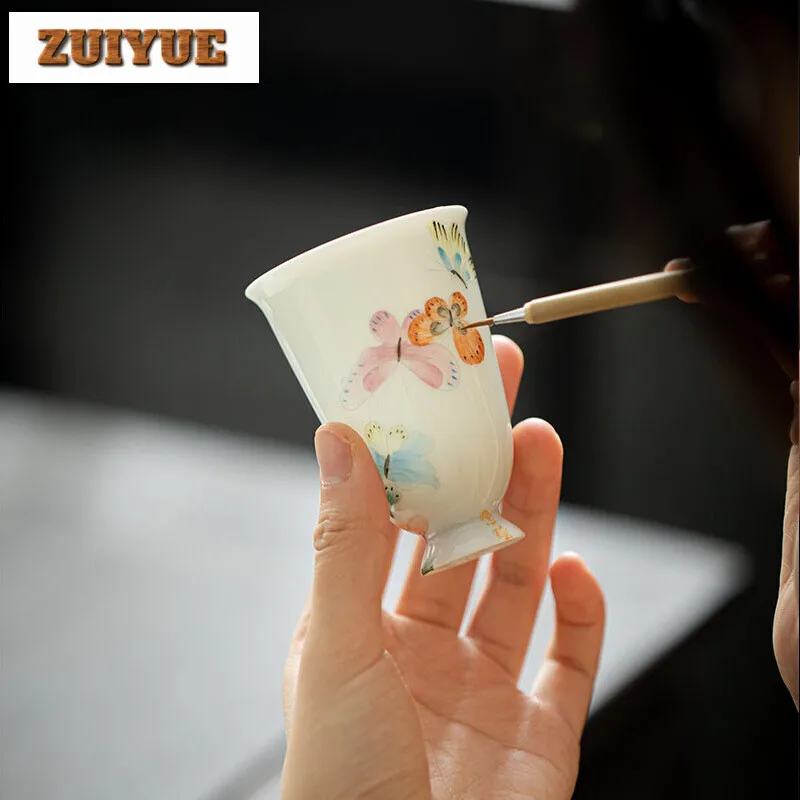 90ml Jingdezhen Handpainted Butterfly Flower Teacup Handmade Thin Body Porcelain Master Cup Japanese Smelling Cup Kung Fu Teaset