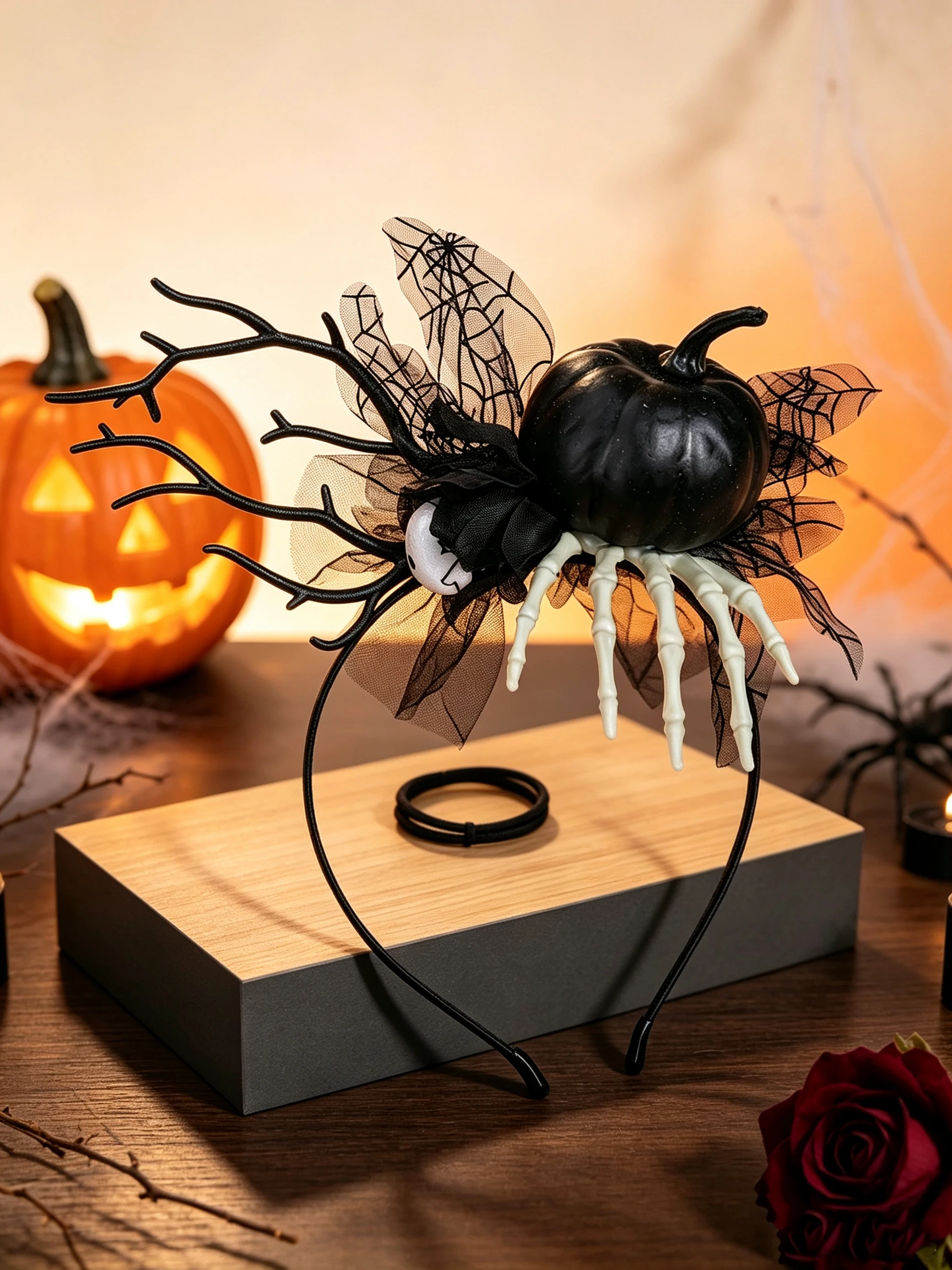 Halloween Black Branch Antler Headband, Black Pumpkin Skull Hand Spider Web Headpiece, Gothic Dark Party Cosplay Atmosphere Headband